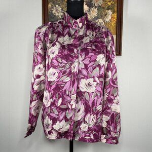 Vintage Pykettes Long Sleeve Button Up Shirt Top Women's 18 Pink Floral USA VTG